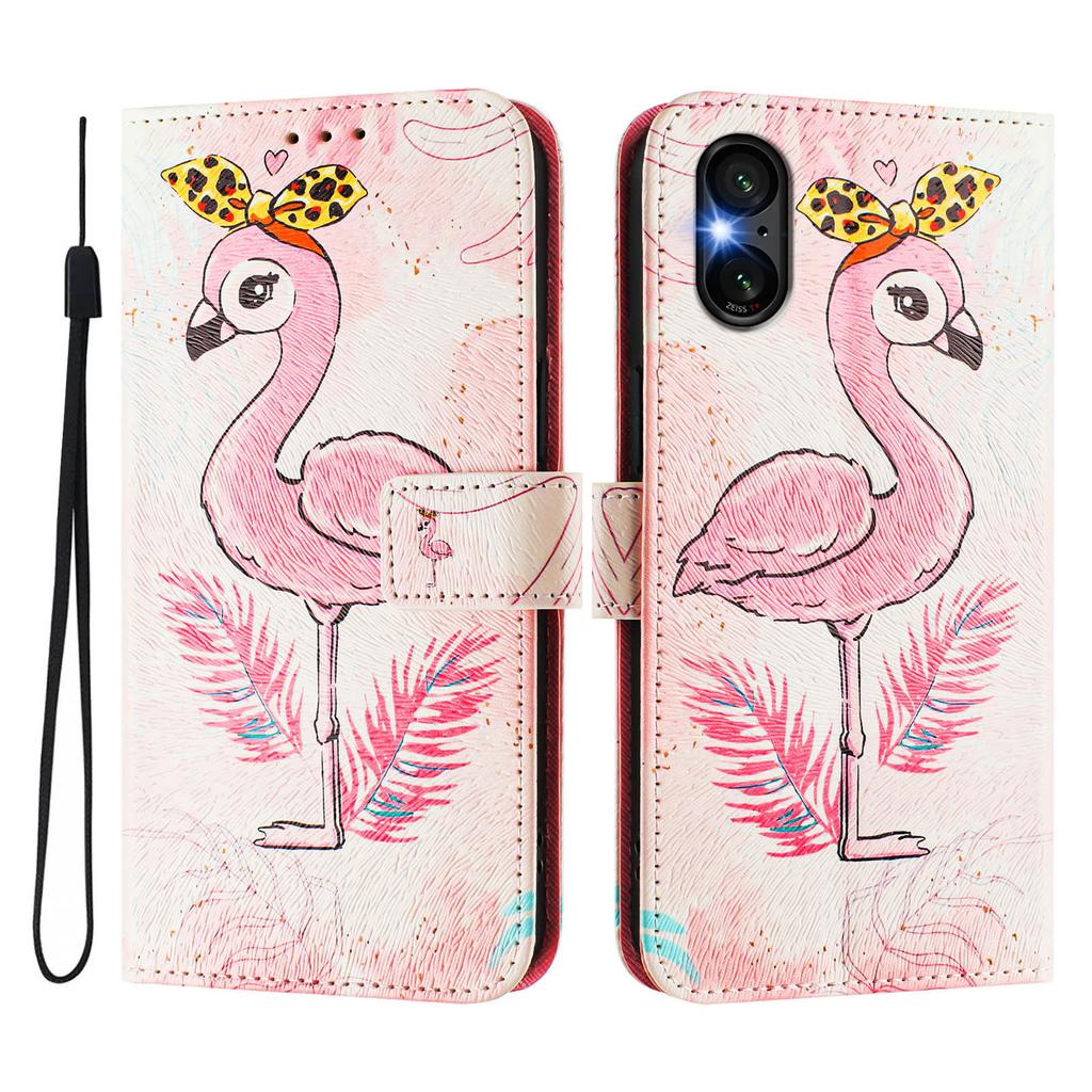 Роскошный кожаный чехол-книжка с рисунком фламинго для Sony Xperia 5 IV / 10 IV, Xperia 1 V / 5 V / 10 V, Xperia 1 VI, 5 VI, 10 VI.
