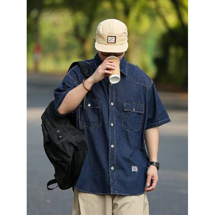 Японский ретро модный бренд летняя свободная джинсовая рубашка с короткими рукавами художественная молодежная рабочая рубашка мужская и женская многослойная куртка