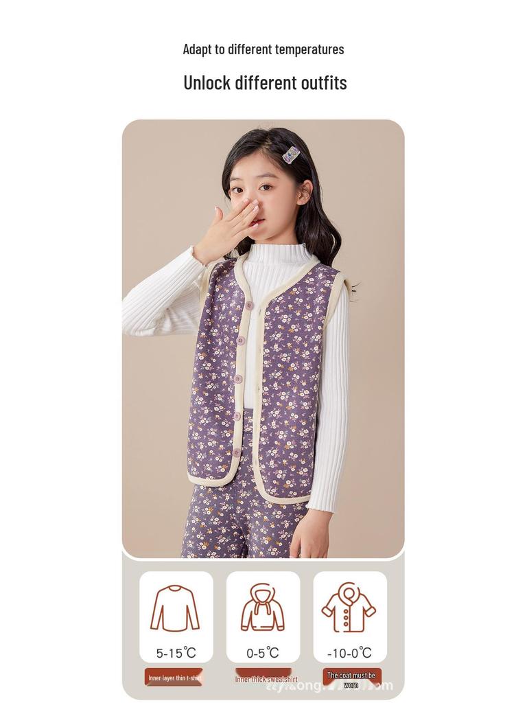 Зимний жилет на флисовой подкладке в японском стиле с цветочным принтом и утепленные длинные брюки для девочек – Теплая школьная форма без рукавов