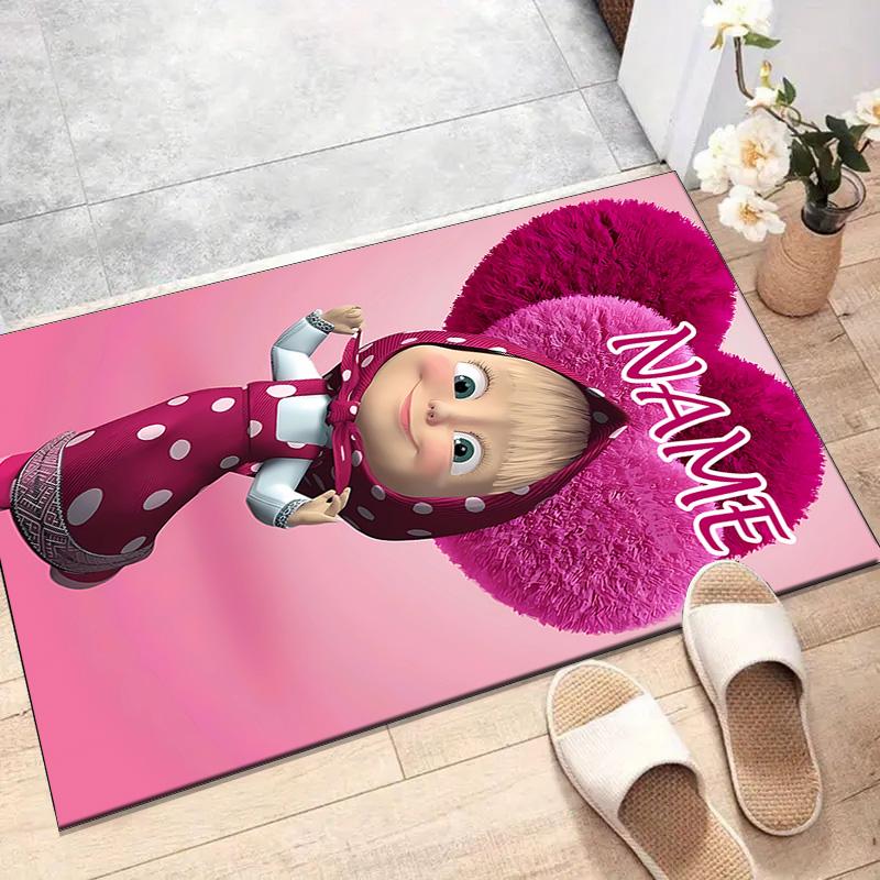 Custom Masha and the Bear Mat Personalized Name, Polyester Washable Indoor Entryway Rug, Gift for Christmas, Easter, Thanksgiving Day