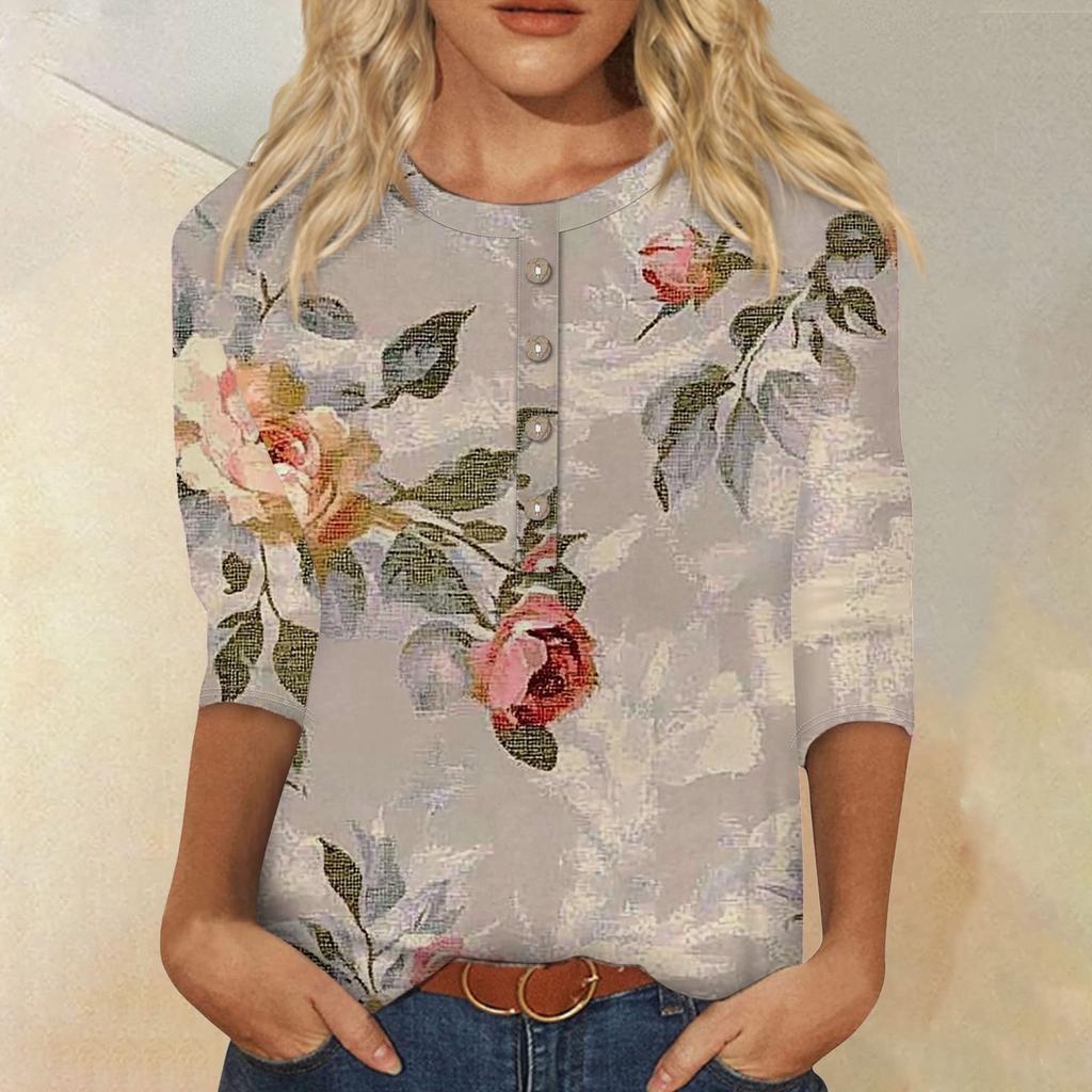 Женская мода повседневная 3/4 рукава цветочный принт пуловер круглый вырез топ повседневная одежда