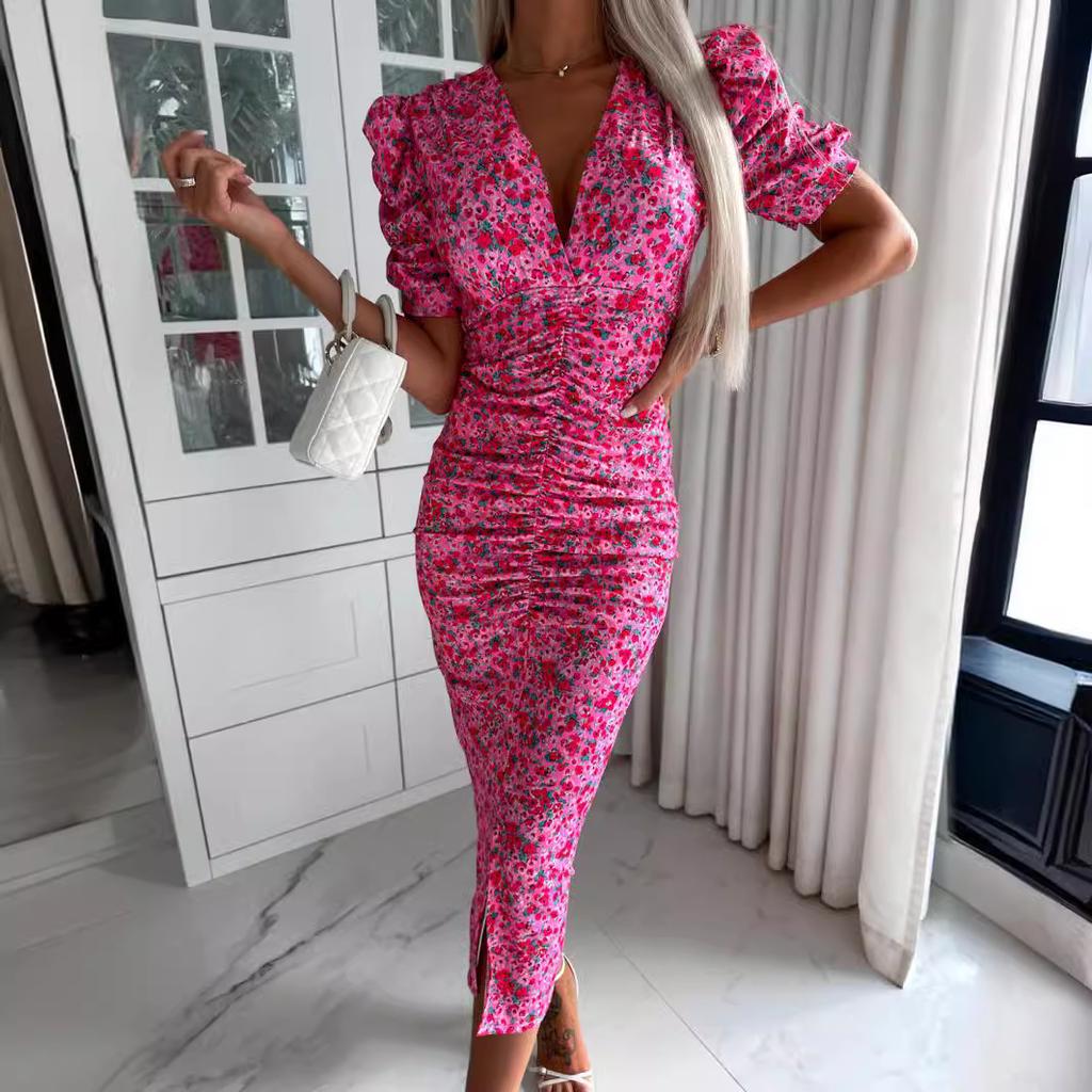 GMXIA Spring/Summer Short Sleeve Floral Dress Deep V-Neck Dresses