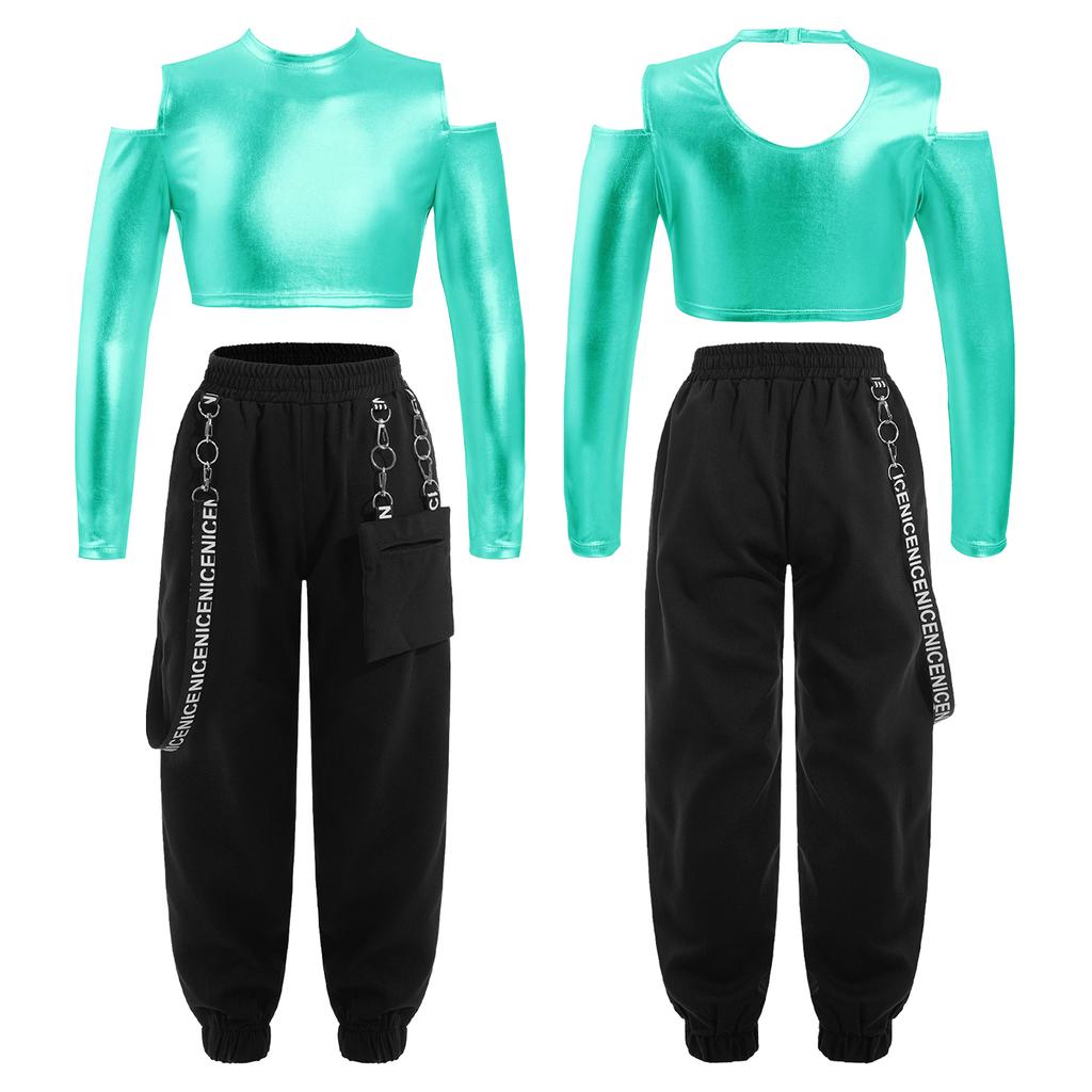 Детский укороченный топ с открытыми плечами и вырезом сзади для девочек, брюки с эластичной резинкой на талии для современного джаза, хип-хопа, танцев