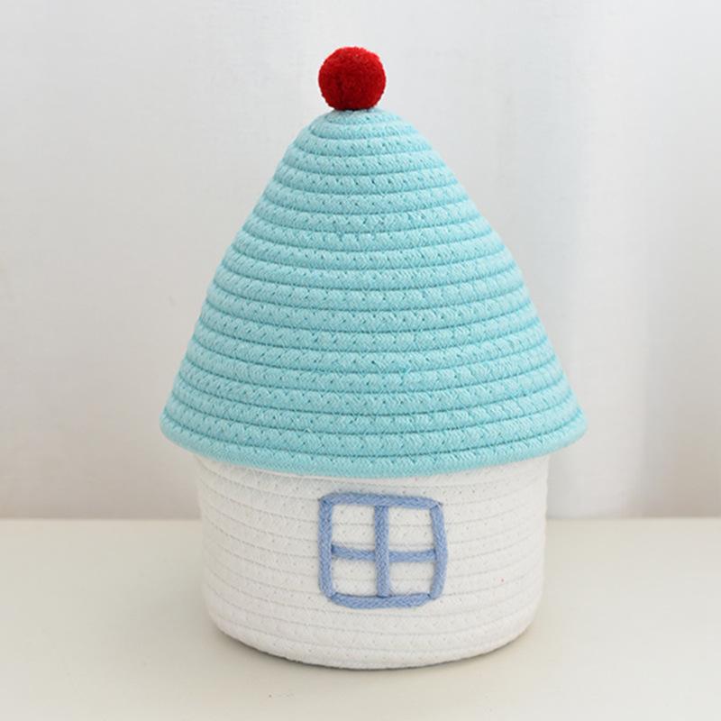 Корзина для хранения из плетеной хлопковой веревки в форме домика с крышкой, большая вместимость, милая корзина для хранения в спальне, пыленепроницаемая корзина для хранения косметики