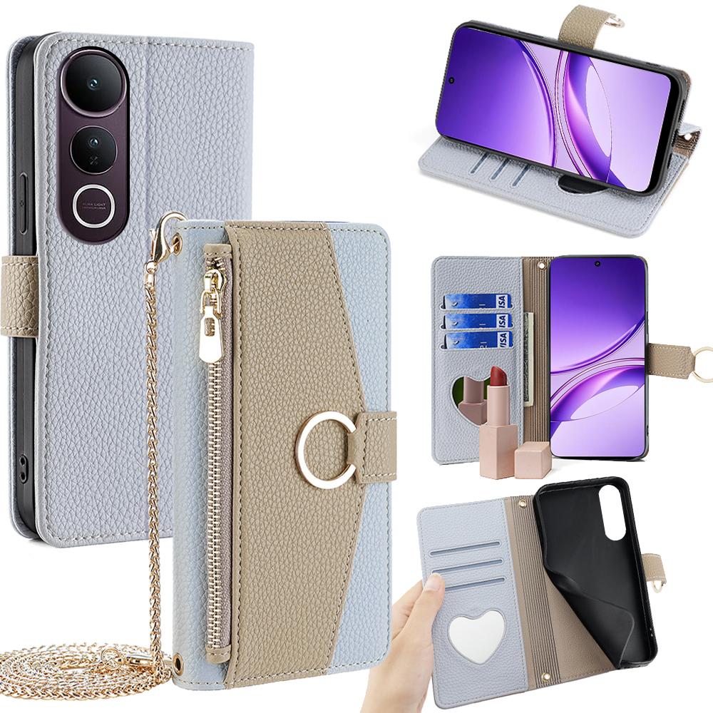 For vivo V50 Lite 5G Case Mirror Wallet Leather Phone Cover with Chain Shoulder Strap