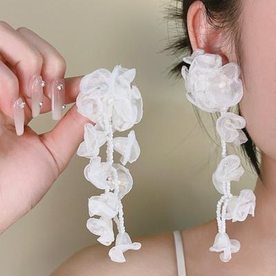 1 Pair with Beads Tassel Chiffon Flowers Earrings Temperament Women Seaside Earrings Party