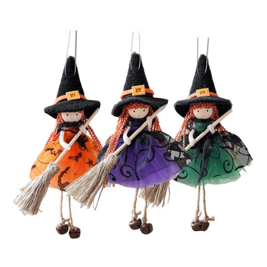 Halloween Witch Doll Decor with Broom Small Witch Figurine with Gauze Skirt Kitchen Hanging Witch Ornament for Room Door Window Halloween Decor