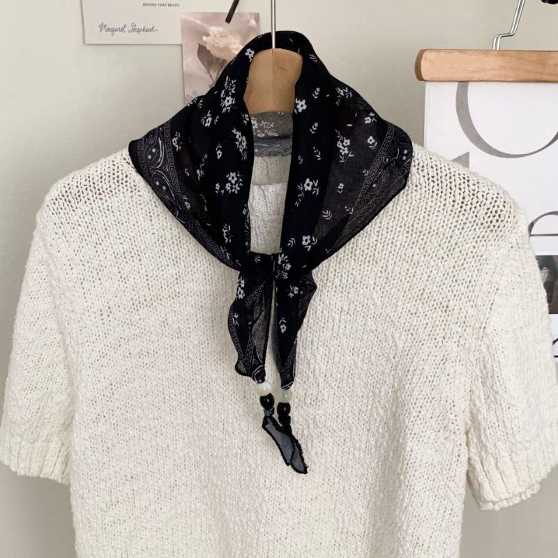 Silk Scarf New Literary Scarf Shawl Cashew Flower Headband Versatile Multi-purpose Pearl Triangle Scarf Waist Tie
