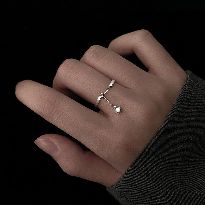 Simple Tassel Bead Pendant Rings Punk Silver Color Circle Geometric Tassel Chain Rings for Women Open Ring With Chain Jewelry
