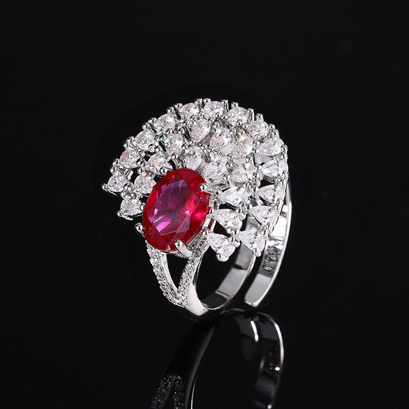 Jewelry New Ring Zircon Ruby Oval Ring Inlaid Cluster Premium Versatile Vintage Women's Jewelry