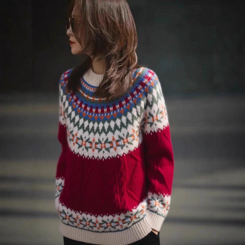Женский рождественский свитер в европейском стиле из шерсти Fair Isle, прочная коса для осени и зимы - Свободный, расслабленный и утолщенный дизайн.