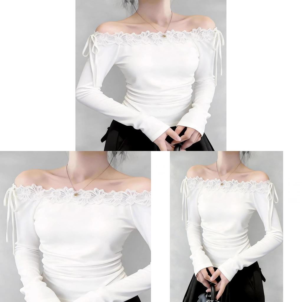 French Style Off Shoulder Top With Lace Patches And Embroidery For Women Spring