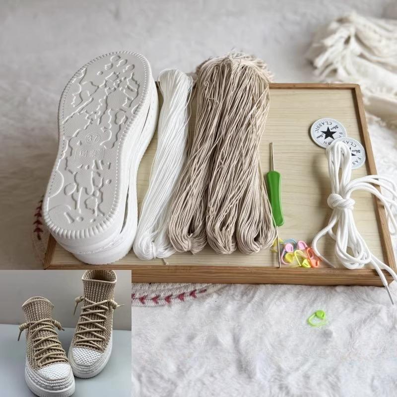 Сплетенные вручную летние крючковые подошвы с противоударными резиновыми подошвами + полые линии, связанные вручную тапочки, короткие ботинки, обувь своими руками, вязаный крючком материал