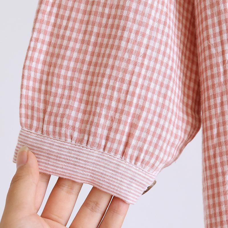 Spring and Autumn New Women's Long Skirt 100%cotton Gauze Plaid Nightdress Long-sleeved Home Skirt Simple V-neck Skirt Nightgown