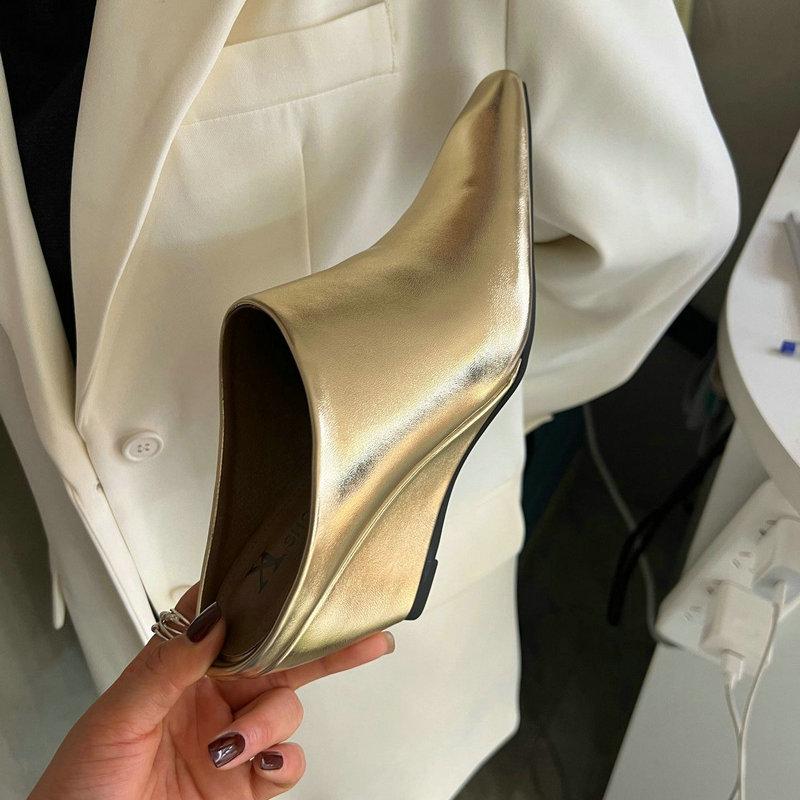 Fashion Half Slipper Women Soft Leather Small Square Wedge High Heels Fashion Wear Lazy Mugler Shoes