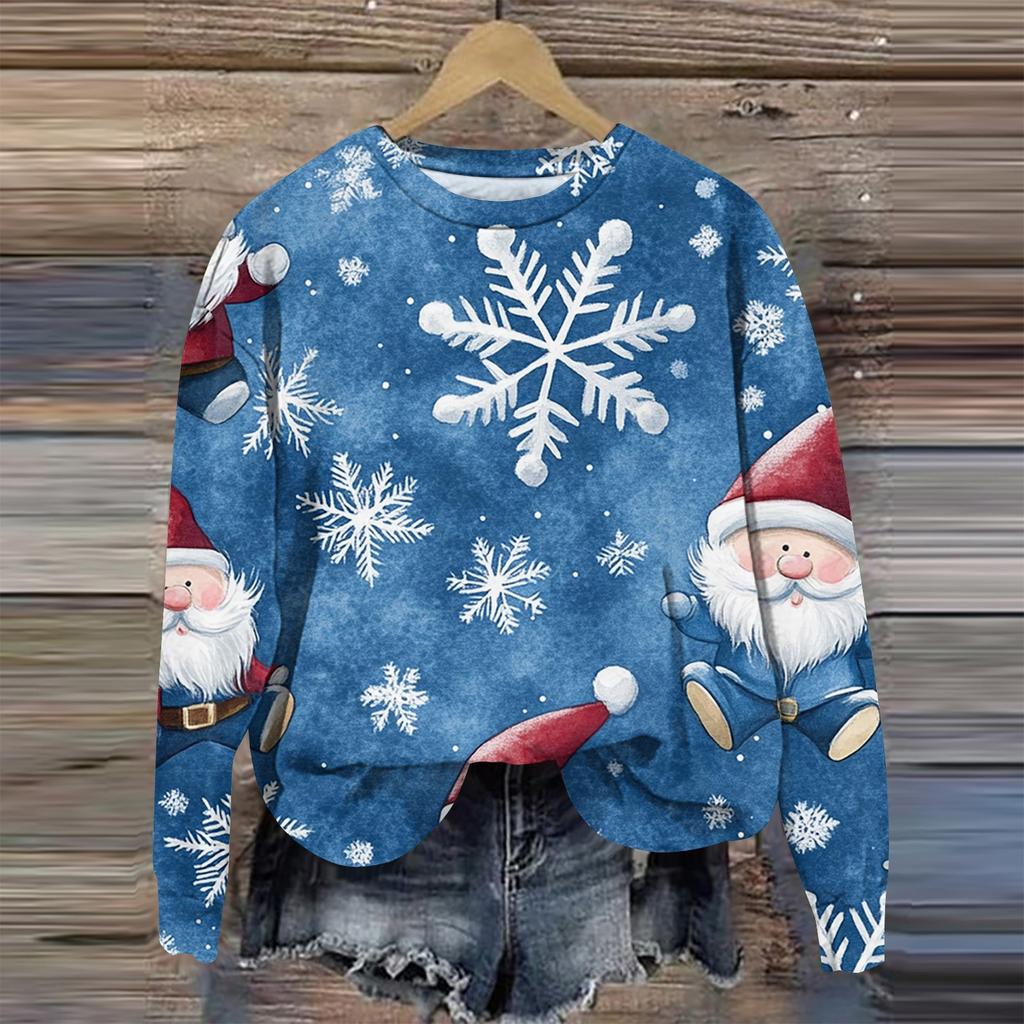 Женская мода круглый вырез пуловер длинный рукав футболка рождественский принт топ