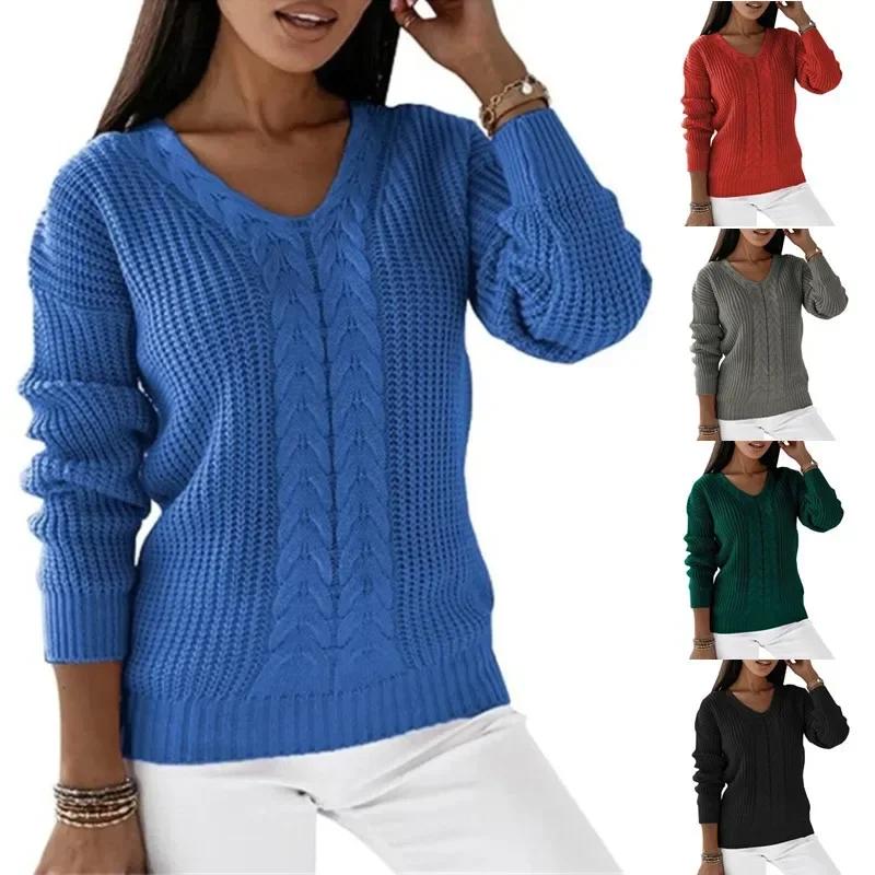 Women's Fashion Casual Solid Color Print Autumn Winter Long Sleeve V-Neck Sweaters