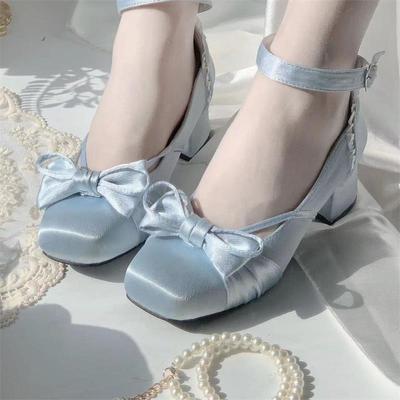 Атласные балетки Мэри Джейн женские туфли лолита 2025 новые толстый каблук квадратный носок лента бант для девочки одинарные