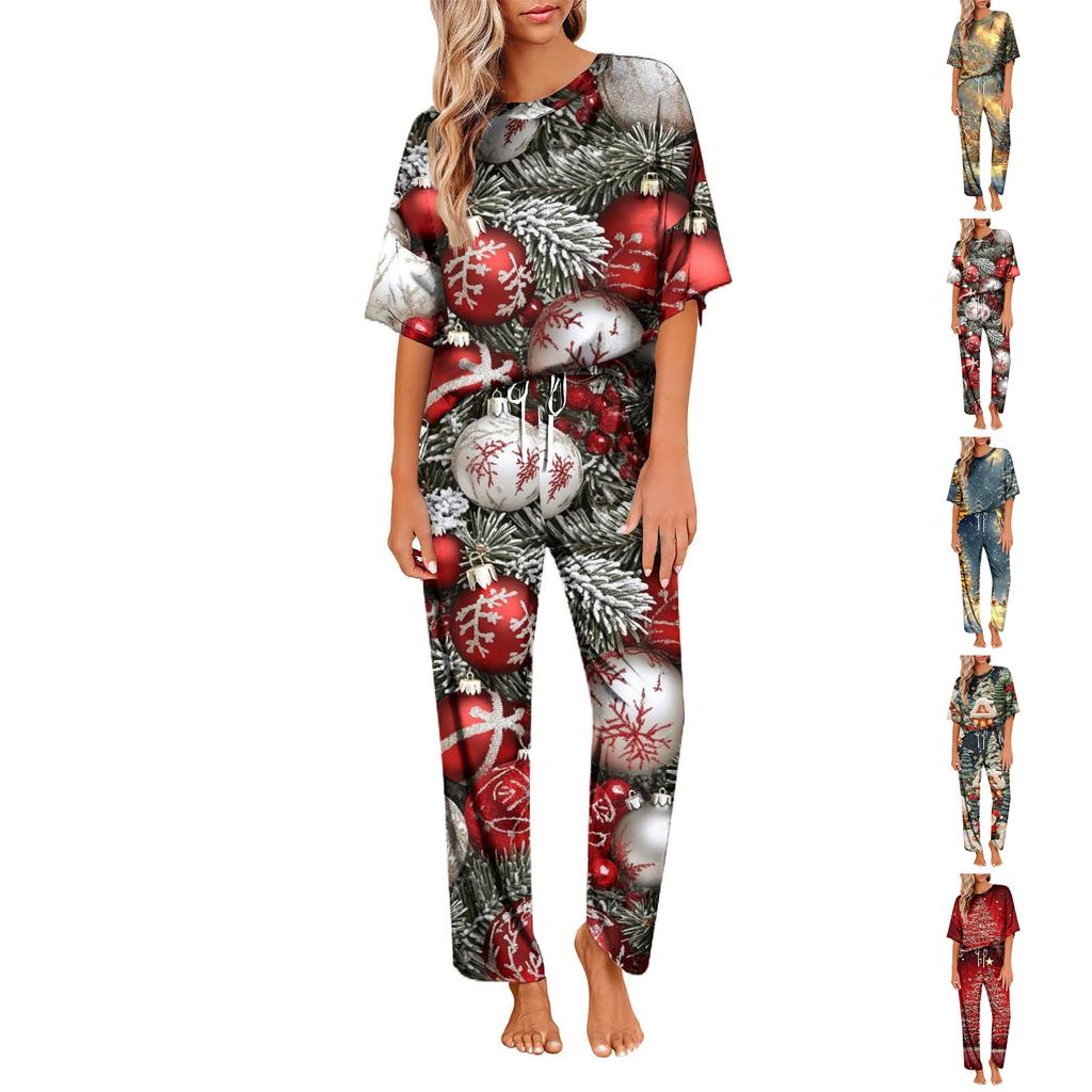 Women's Ice Silk Satin Christmas Print Pajama Set Short Sleeve Shirt And Long Pajama Pants Set Soft Home Clothes