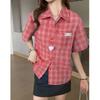 Летняя клетчатая рубашка с коротким рукавом женская Американский ретро плечо прямая блузка свободная повседневная с воротником женская одежда