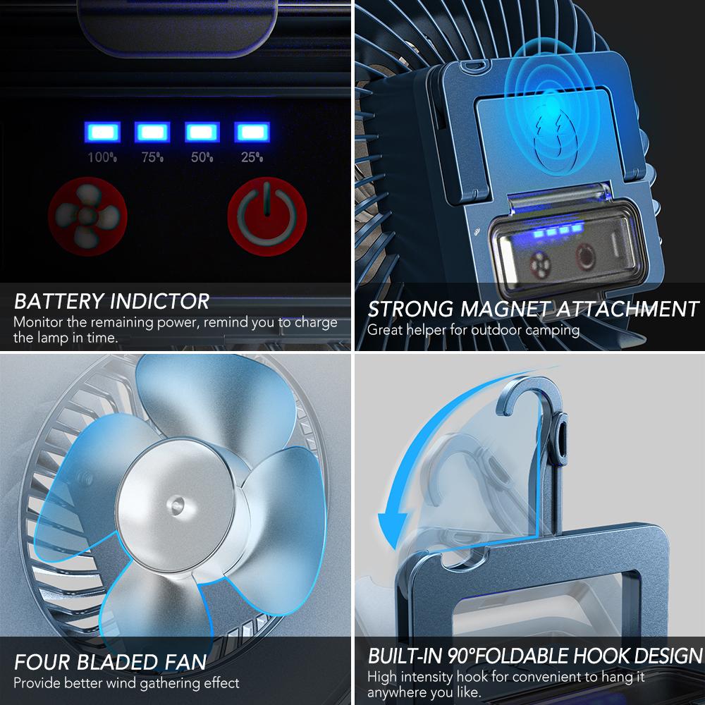 Портативный вентилятор для кемпинга со складным штативом, светодиодный фонарь, мини-настольный вентилятор, перезаряжаемый через USB, 2400 мАч