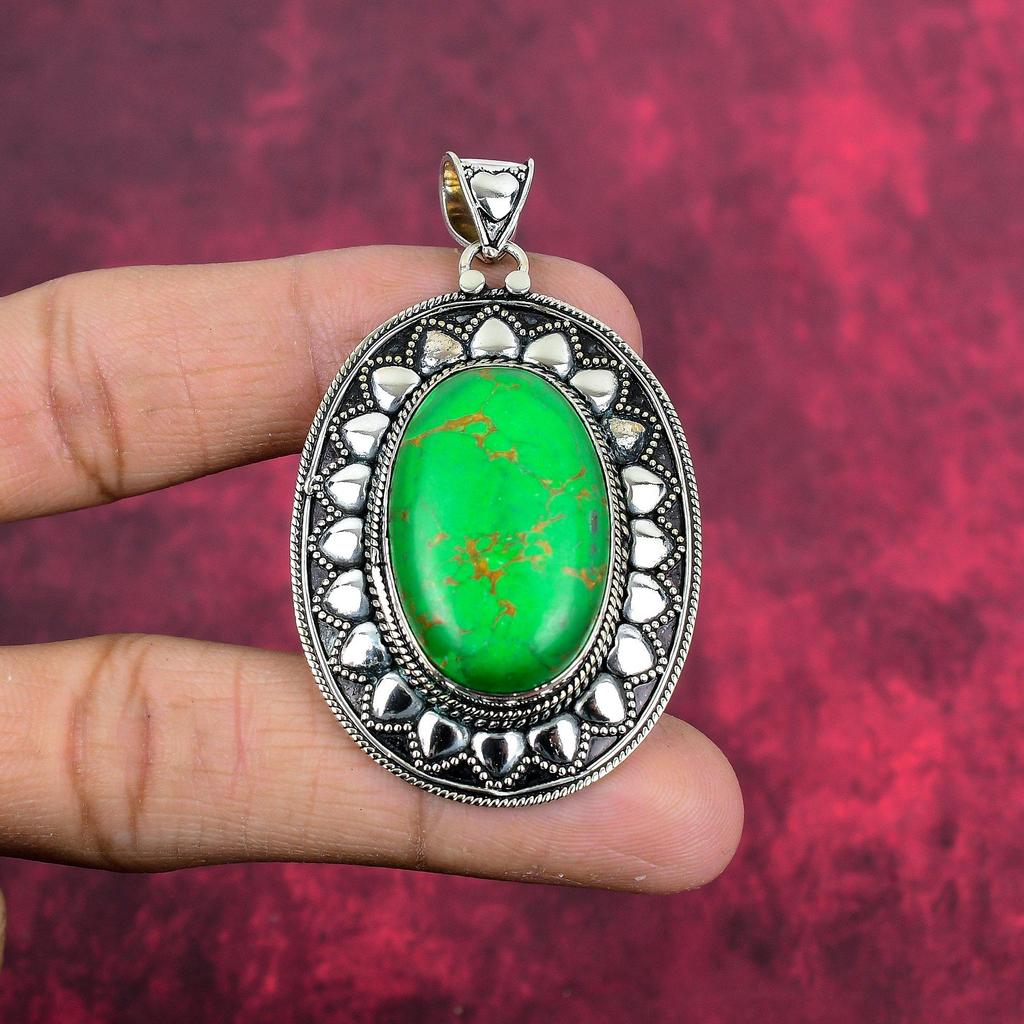 Green Copper Turquoise Pendant, 925 Sterling Silver Pendant Gemstone Jewelry, Handmade Pendant Amazing Jewelry, Gift For Her