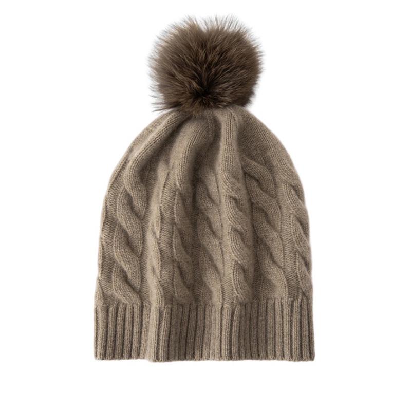 Women's 100% Cashmere Pom-Pom Hat - Three-Strand Winter Knit, Versatile Cable, Warm Ear Protection