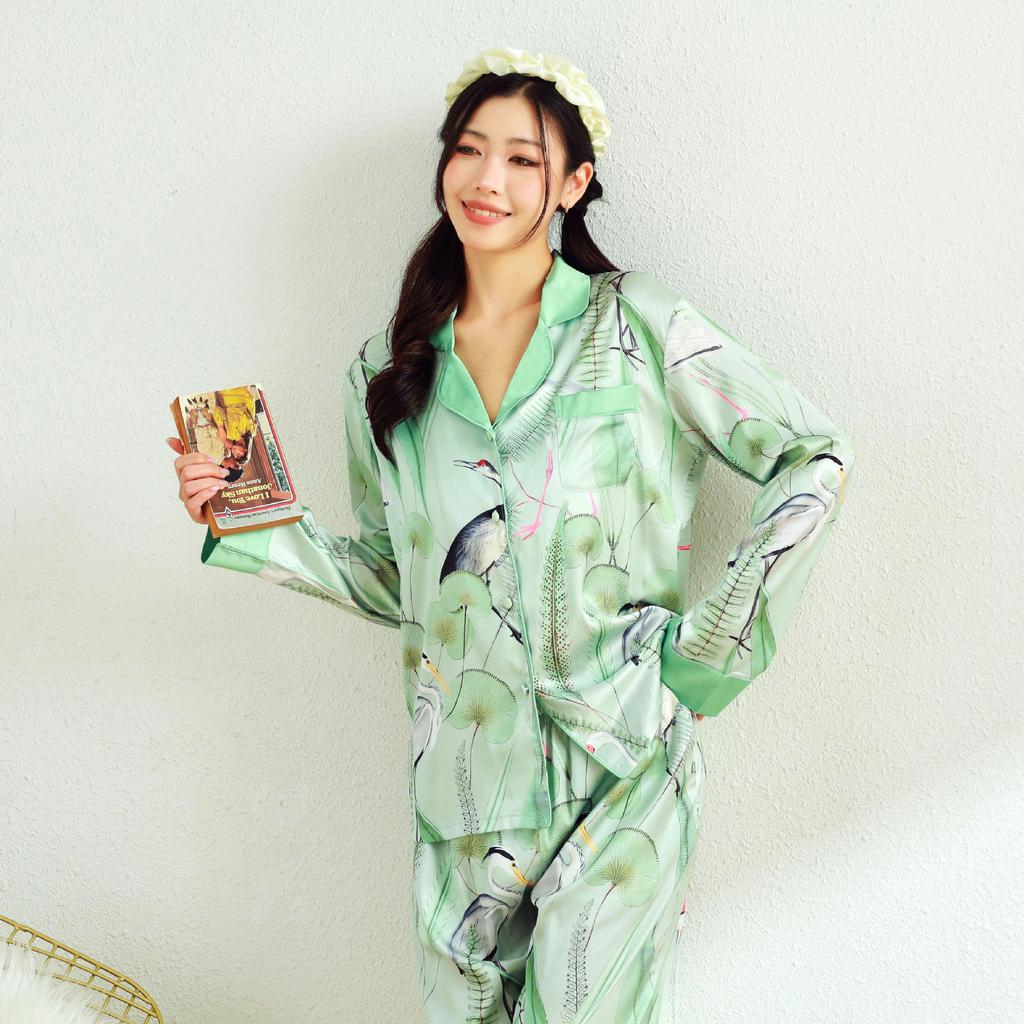 Женский пижамный комплект с зеленым принтом, брюки с длинными рукавами, одежда для дома и отдыха на открытом воздухе, пижамы