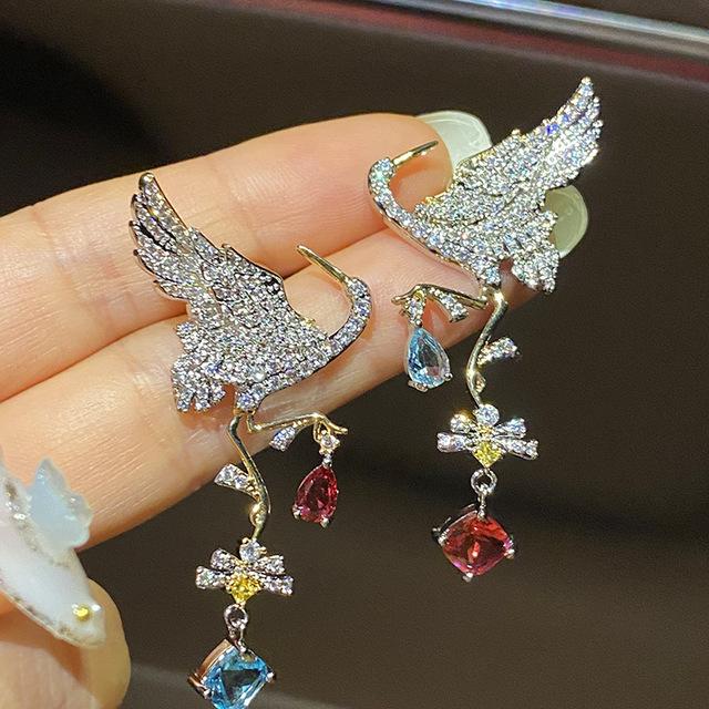 2022 креативные ювелирные изделия, цветные серьги-капли с кристаллами циркона и птицей, женские преувеличенные серьги-подвески, винтажные модные ювелирные изделия для банкетов
