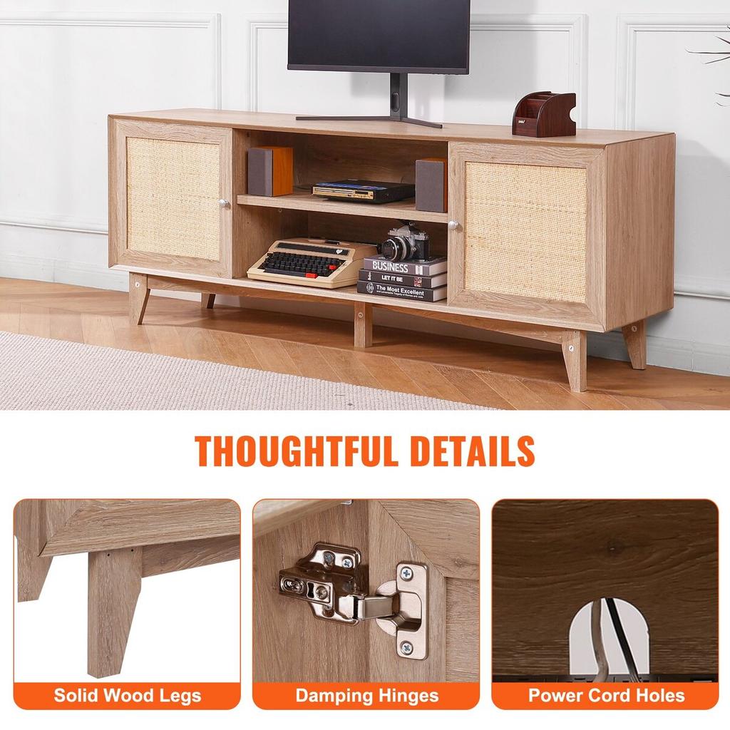 Rattan-TV-Ständer 191cm Fernseher Boho-TV-Schrank Fernsehschrank Eiche
