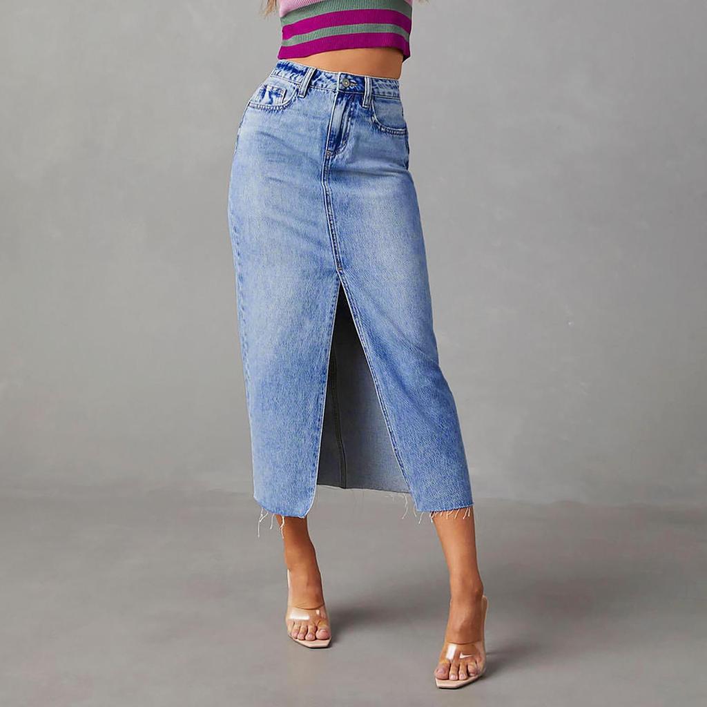 Women's Split Denim Skirt Women's High-waisted Washed A-line Skirt MIDI Skirt