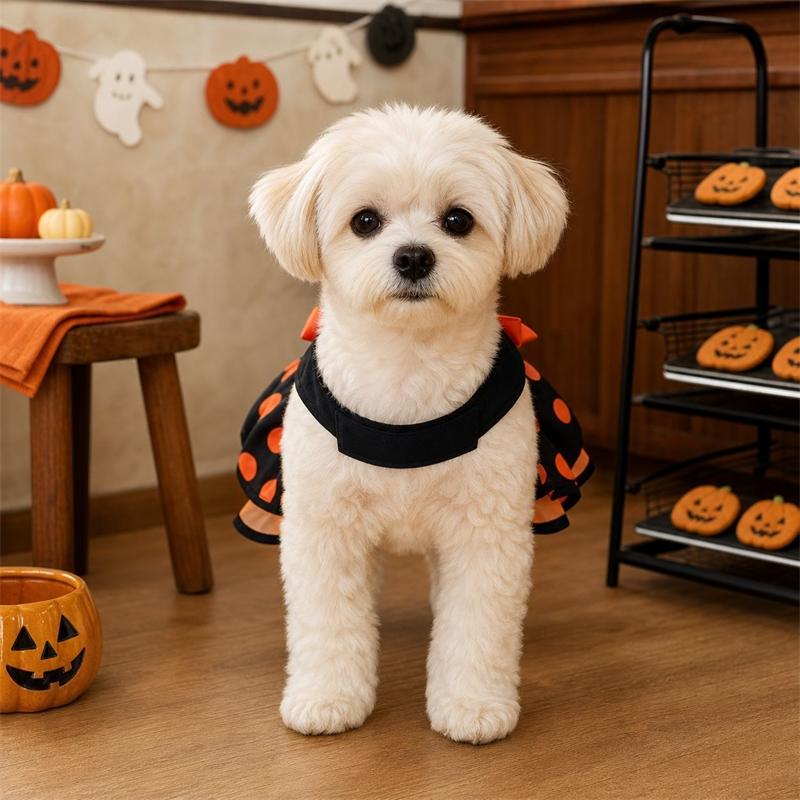 BXX Halloween Pumpkin Face Applique Dog Dress Polka‑Dot Ruffle Skirt Bow D‑Ring Design Party Outfit For Small Puppies