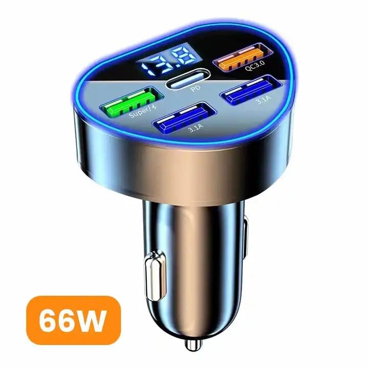66W PD Car Charger QC3.0 Fast Charging Car Cigarette Lighter Plug 5 Port Car Charger Flash Charge with Digital Display