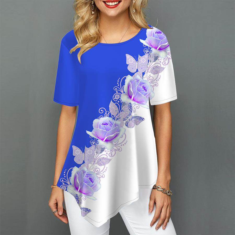 Women Plus Size Ladies Tee Shirts Rose Wreath Print Loose Casual Tops Female Irregular Summer Clothes