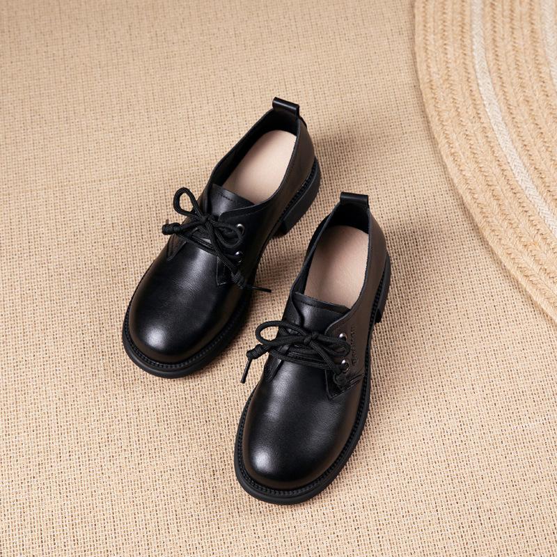 First Layer Cowhide Loafers Women's Autumn New Genuine Leather New Soft Sole Soft Surface Lace-up Flat Bottom Work Shoes Small Leather Shoes