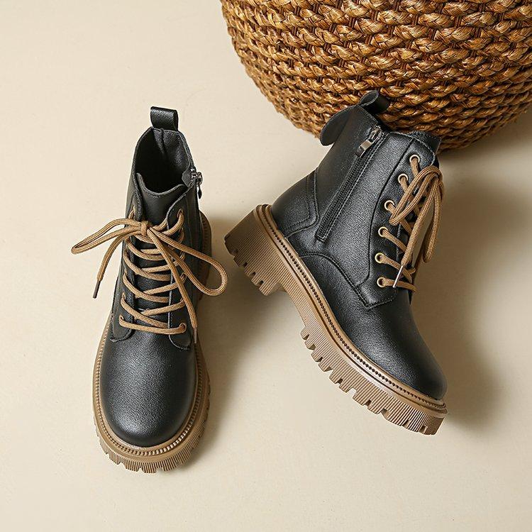 Черные сапоги женские осенние короткие сапоги с толстой подошвой модные и удобные кожаные сапоги