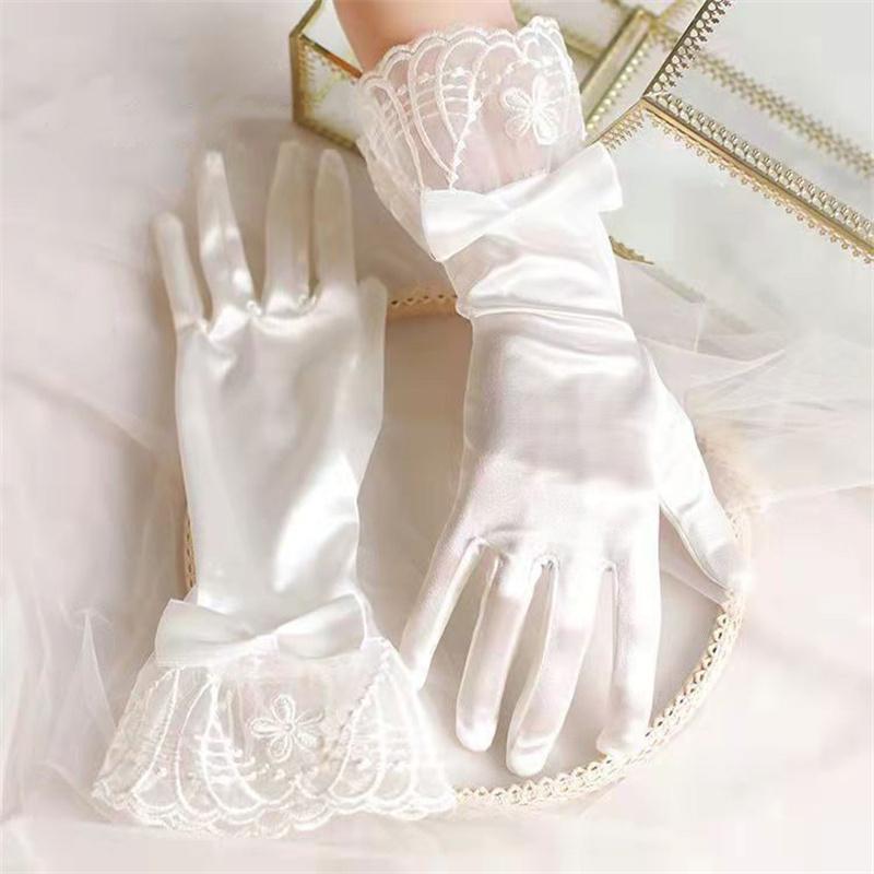 Women Bridal Elegant Wedding Short Gloves Mesh Satin Beaded Pearl Gloves Evening Dress Accessories