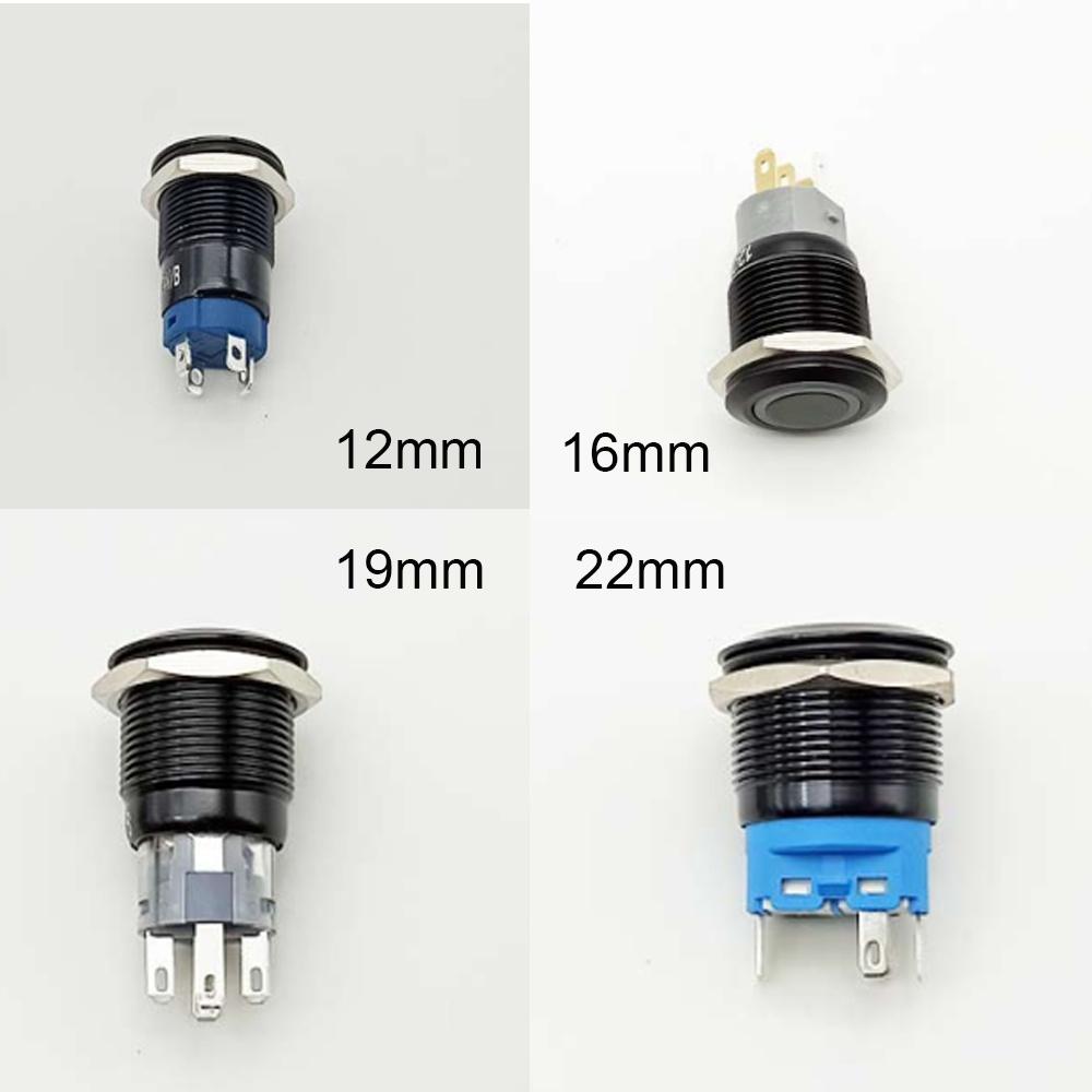 Electric Waterproof Power 12v Led Light Momentary Black Push Button Switch 8/10/12/16/19/22 mm Pressure Switches 220v Aluminium Switches Oil Pressure