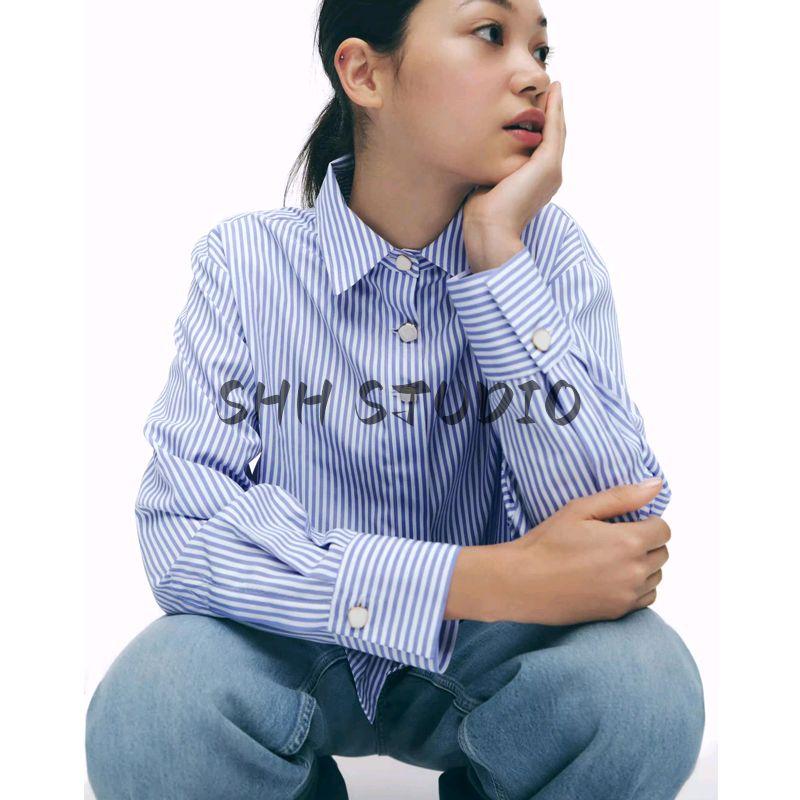 Spring New Women's Clothing Patchwork Button Decoration Stripes Poplin Easiest for Match Long Sleeves Lapel Shirt 2238832