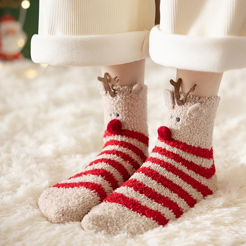 3D Cartoon Coral Fleece Christmas Socks for Adults & Kids, Half-Velvet with Acrylic Ball Design
