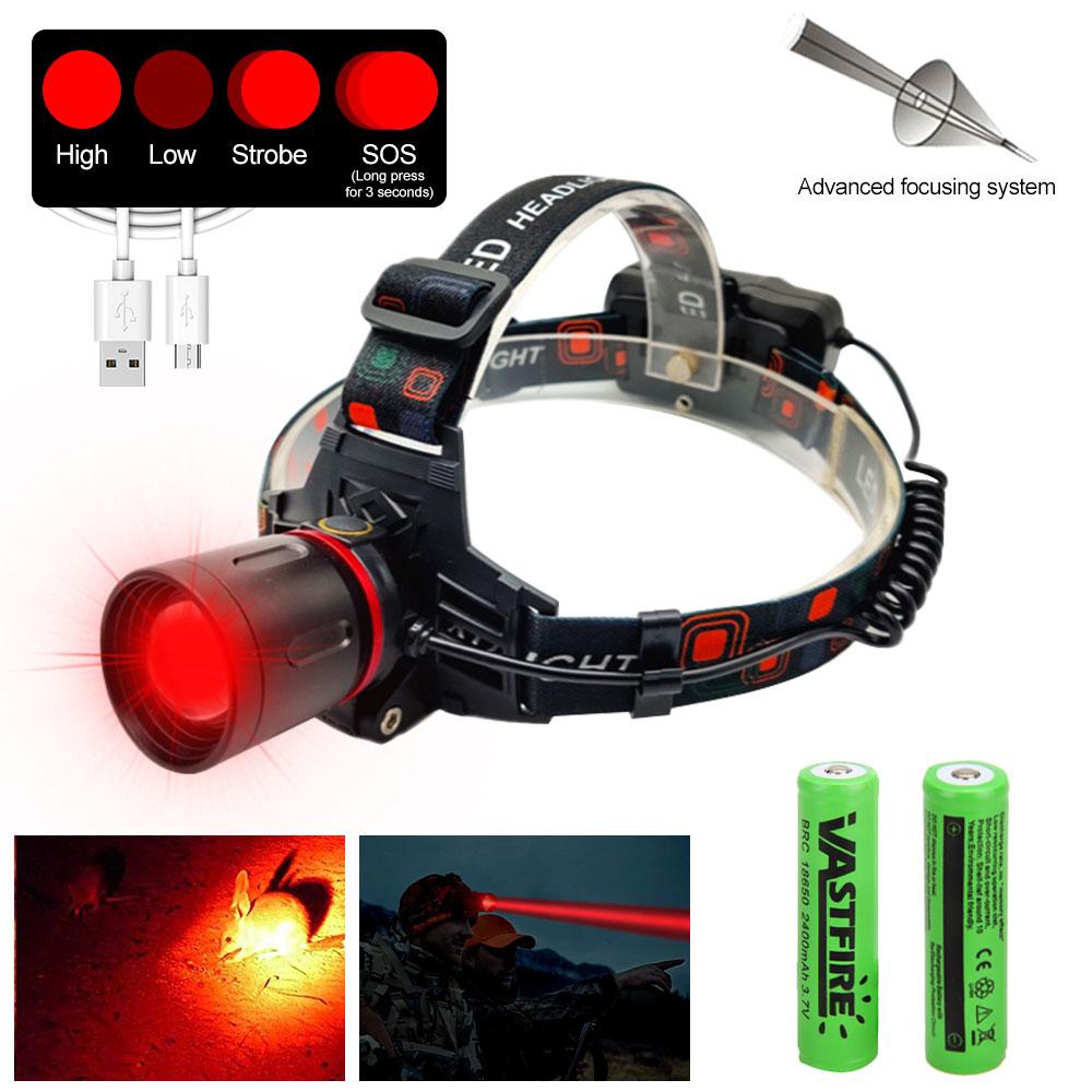 Зеленый/красный налобный фонарь с возможностью масштабирования, 4 режима, налобный фонарь с зарядкой от USB, охотничий фонарь, питание от аккумулятора 18650