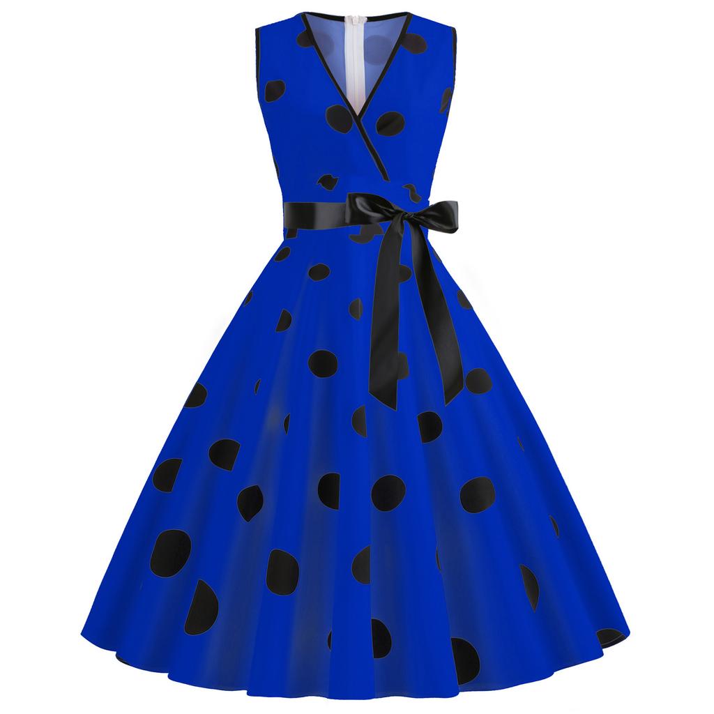 Women's Retro V-Neck Sleeveless Patchwork Polka Dot Print Large Skirt Dress