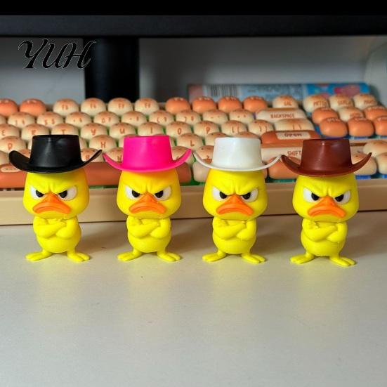 Cute Animal Sculptures Angry Duck Desk Figurine, 3D Printed Yellow Office Decoration with Cowboy Creative Birthday Gifts Hat, Little Ornament for Home
