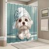 Милая пушистая белая собака - Шторка для душа с дизайном бирюзовой ванны и полотенца, 180x180 см, Полиэстер, 12 крючков, Легко чистить