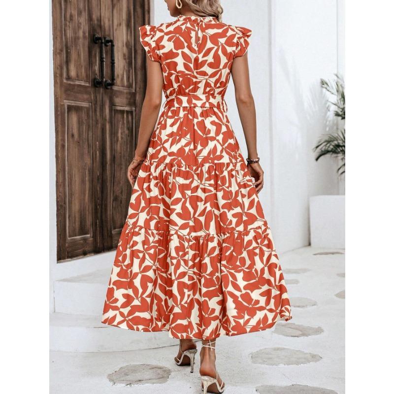 VEZFAA Женская мода лето весна цветочный узор принт короткий рукав полуводолазка высокая талия повседневные платья