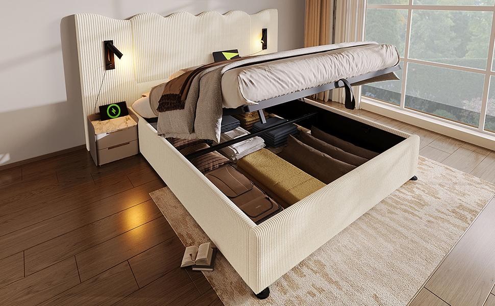 Upholstered Double Bed 180×200, Reading Lamp and USB Type-C Charging, Storage Frame of Solid Wood and Metal, Beige-White, Corduroy (Without Mattress)