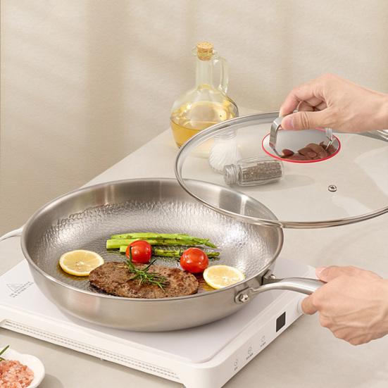 Titanium Frying Pan with Lid Scratch-Resistant Skillet Non-Stick Hammered Cookware for Gas Electric Induction Stoves Healthy Cooking Essential