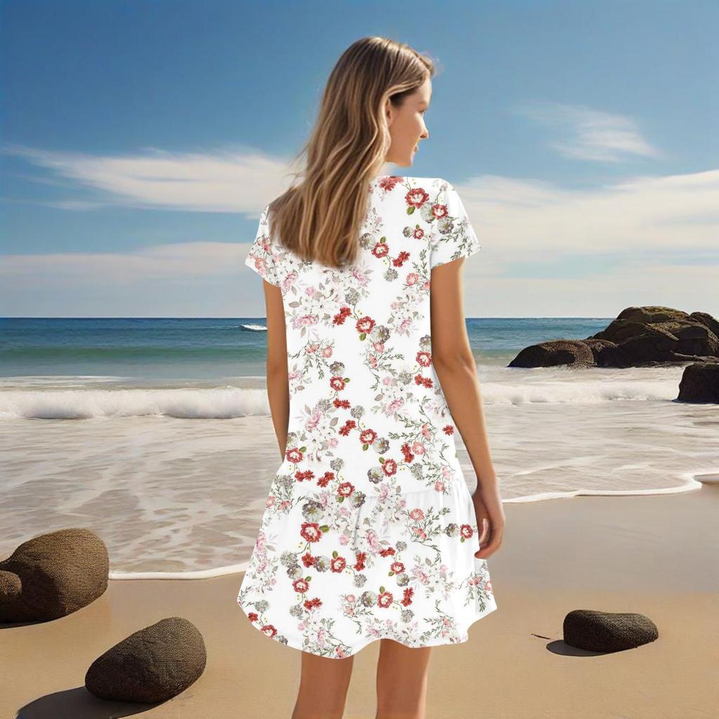 Женские платья с коротким рукавом и V-образным вырезом с цветочным принтом Свободные повседневные пляжные платья в стиле темперамент
