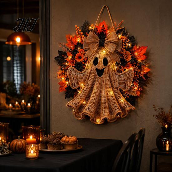 Decorative Wreath for Fireplace Rustic Halloween Ghost Front Door, Farmhouse Burlap Hanging Door with Maple Leaves, Sunflowers Porch Wall Indoor