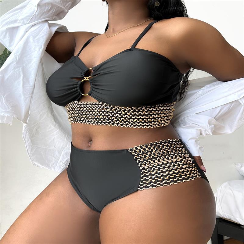 2025 Patchwork Hollow Two Piece Plus Size Bikini Women Strapped High Waist Swimsuit Brazilian Beach Lady Bathing Suit